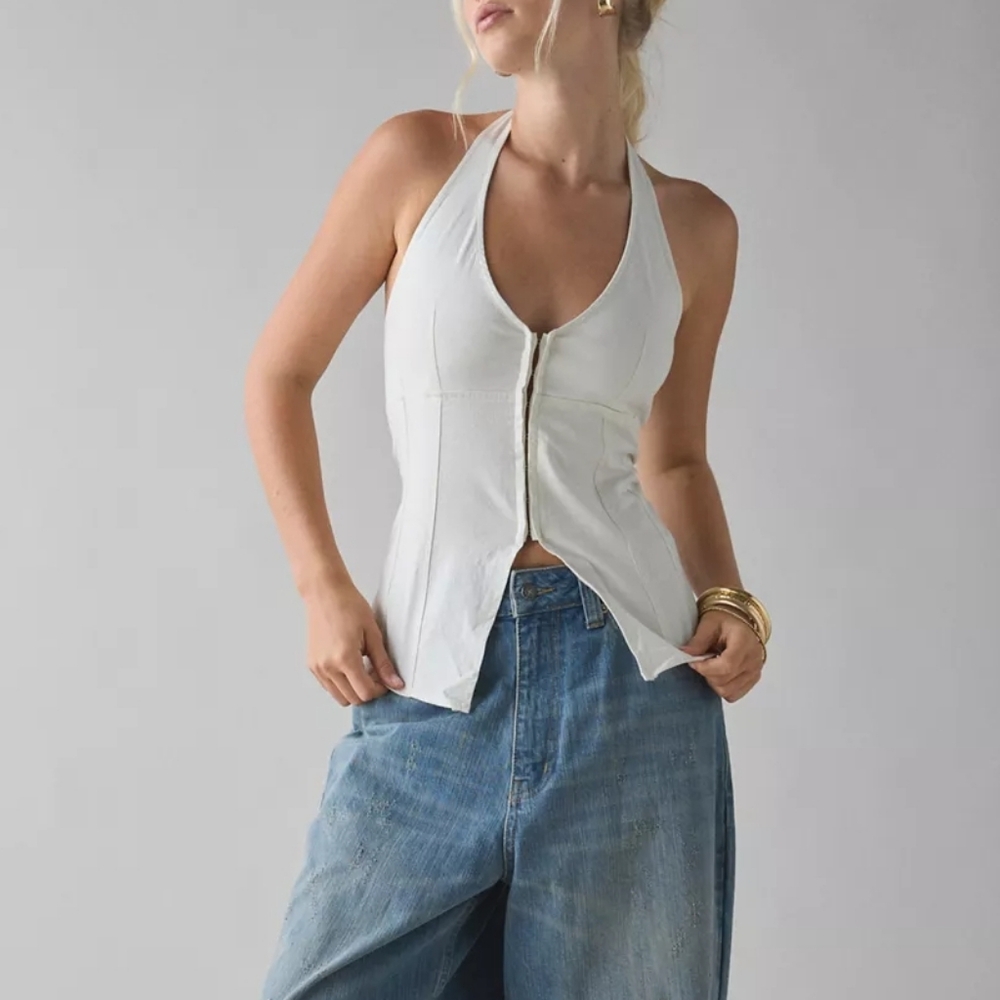 Urban Outfitters UO Sari Seamed Linen-Blend Halter Vest Top Neutral